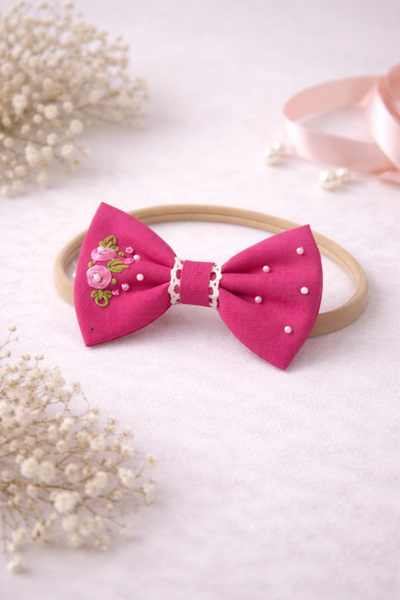 Pearl and Thread Embroidery Bow Clip- Pink