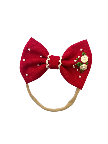 Pearl and Thread Embroidery Bow Clip- Red