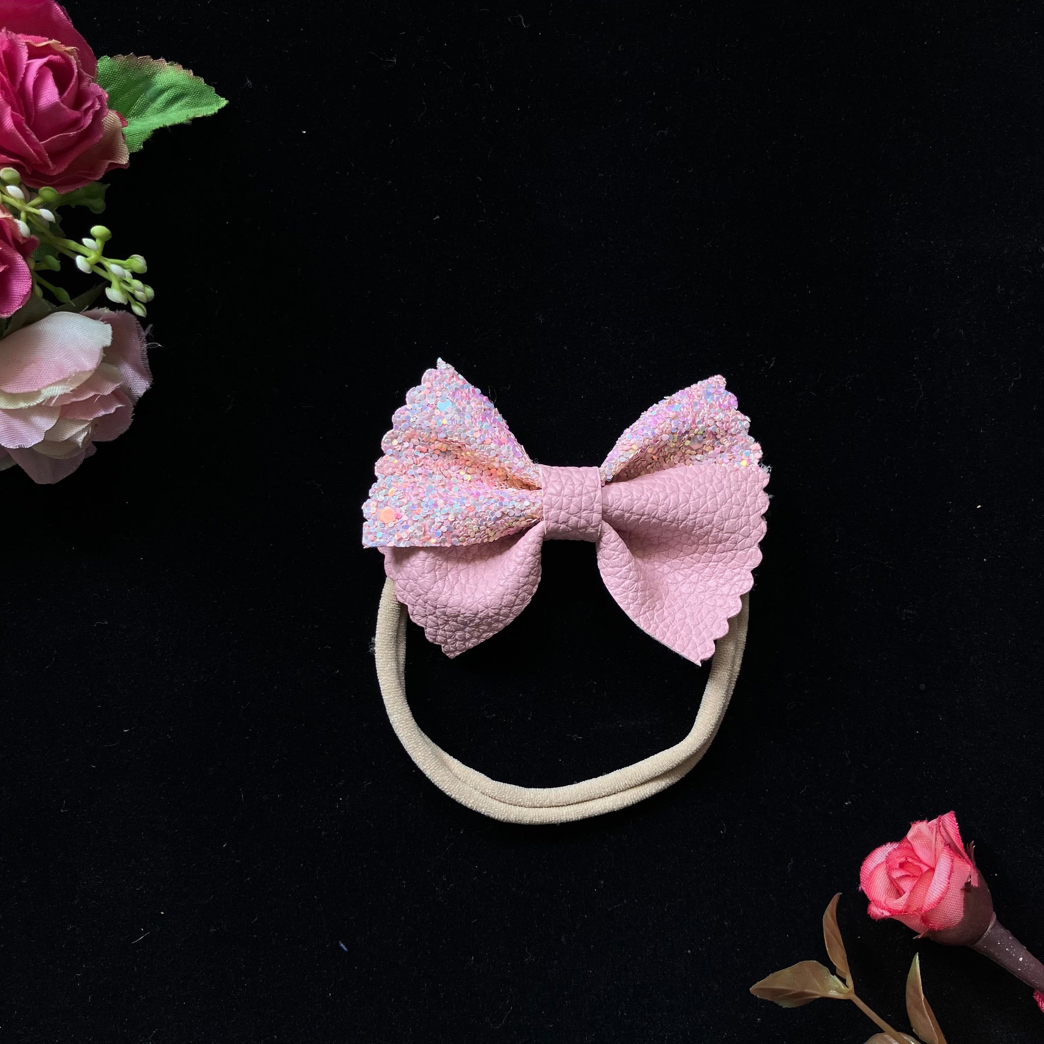 Glitter & Faux Leather Bow Headband- Pink