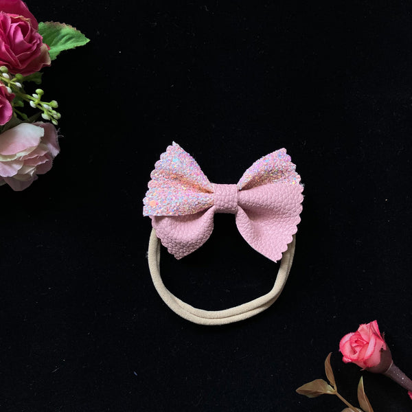 Glitter & Faux Leather Bow Headband- Pink