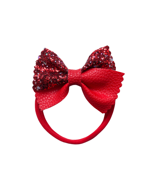 Glitter & Faux Leather Bow Headband- Red