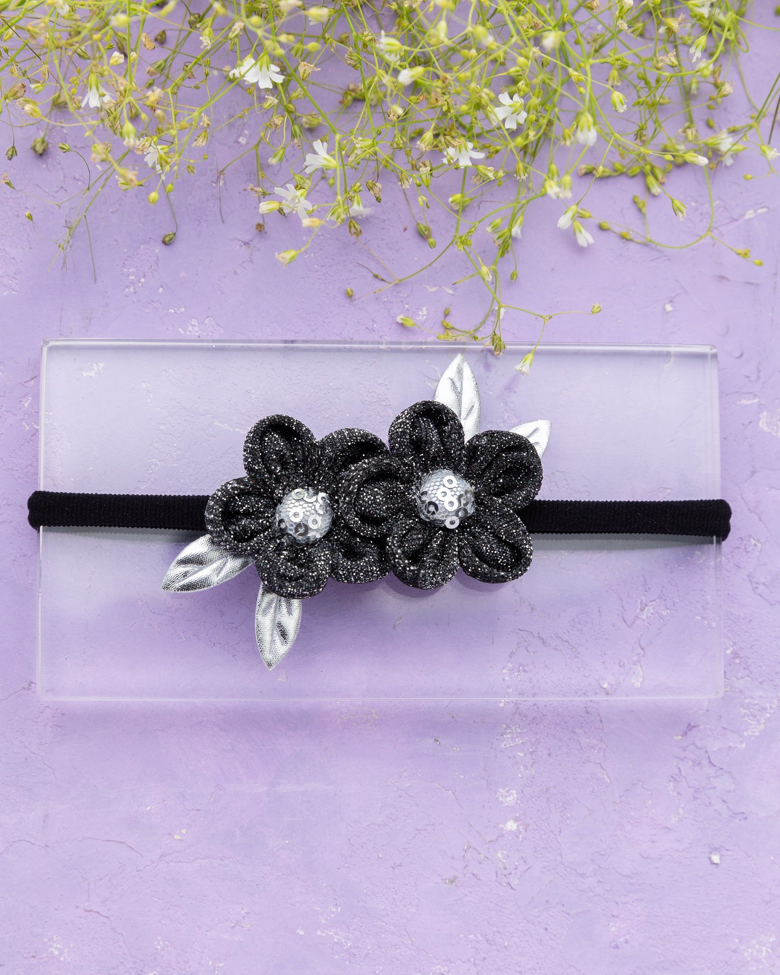 Ethnic Two Flower Glitter Headband- Black