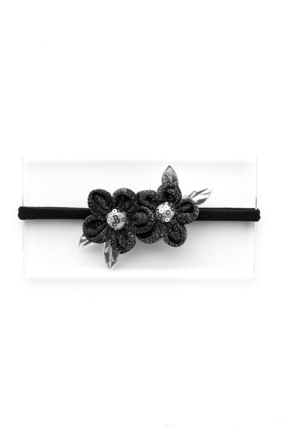 Ethnic Two Flower Glitter Headband- Black