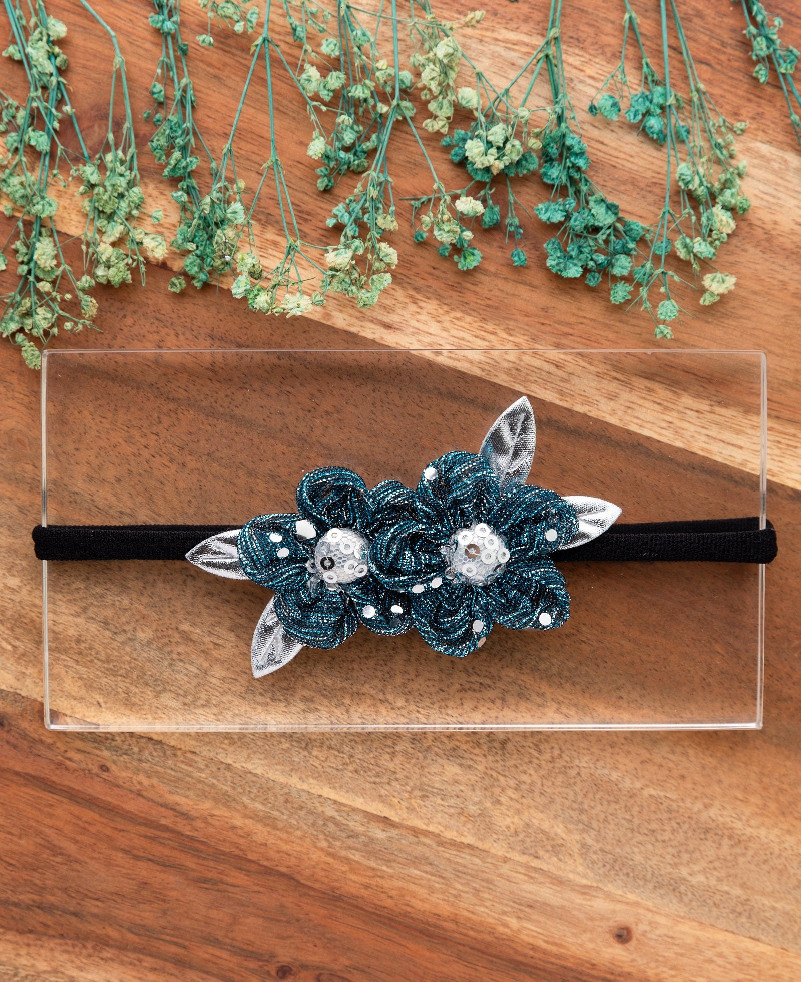 Ethnic Two Flower Glitter Headband- Dark Blue