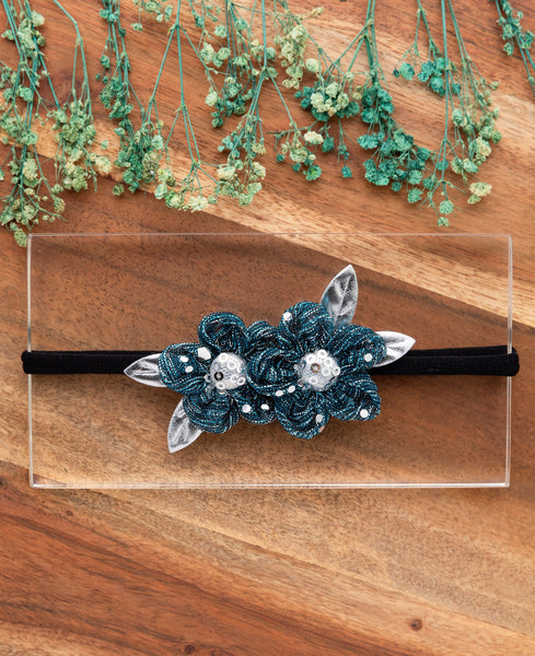 Ethnic Two Flower Glitter Headband- Dark Blue