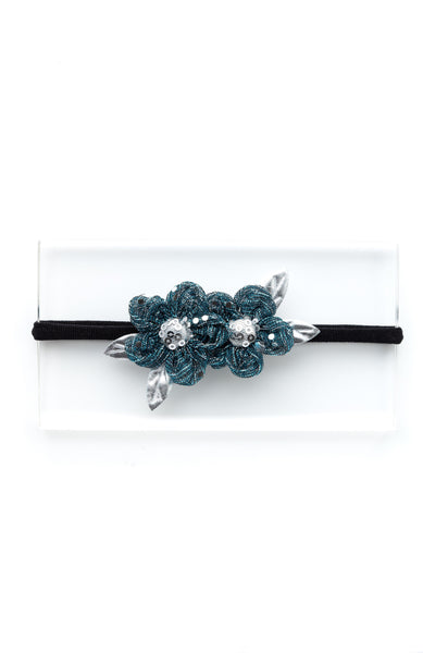 Ethnic Two Flower Glitter Headband- Dark Blue