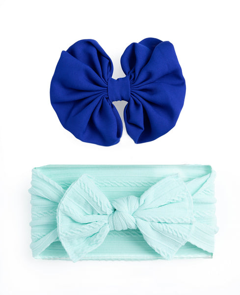 Over Sized Bow Headband & Head Wrap Set- Dark Blue & Sea Green