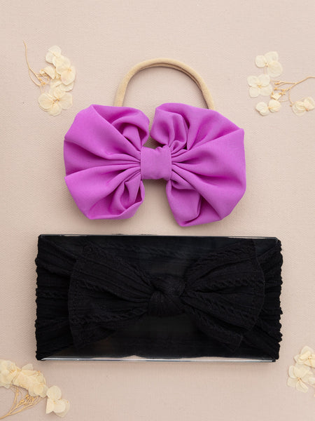 Over Sized Bow Headband & Head Wrap Set-  Purple & Black