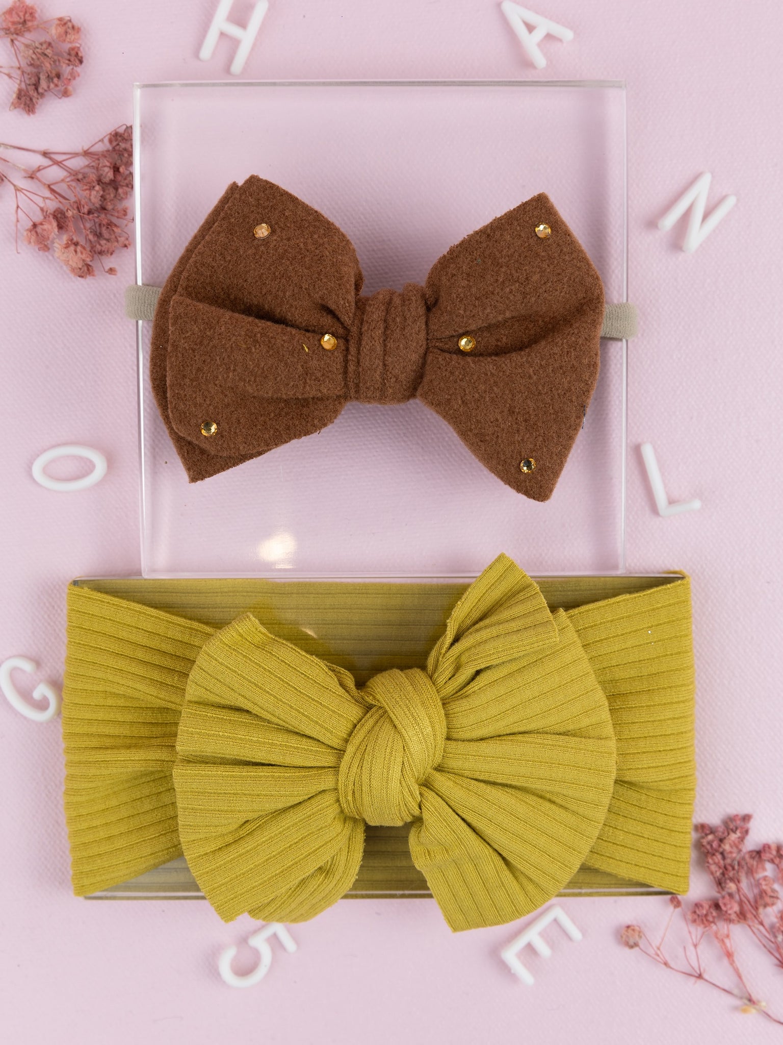 Girls Faux Suede Oversized Bow Headband & Headwrap Set- Brown & Green