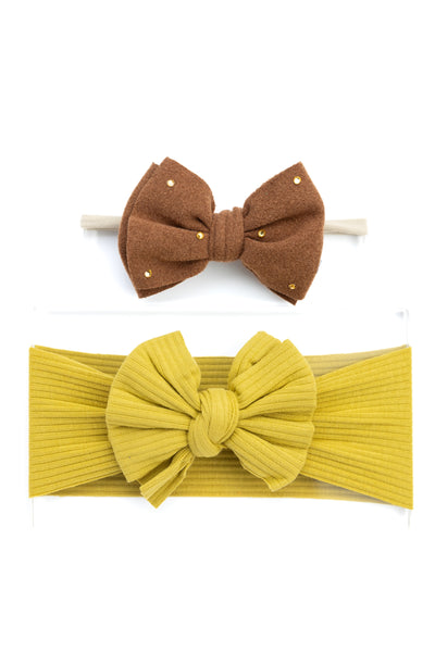 Girls Faux Suede Oversized Bow Headband & Headwrap Set- Brown & Green