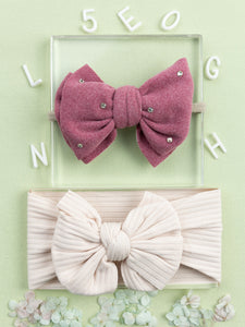 Girls Faux Suede Oversized Bow Headband & Headwrap Set- Dark Pink & Off White