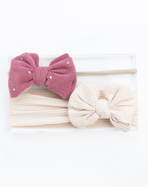 Girls Faux Suede Oversized Bow Headband & Headwrap Set- Dark Pink & Off White