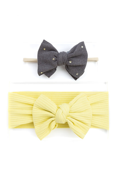 Girls Faux Suede Oversized Bow Headband & Headwrap Set-  Gray & Light Yellow