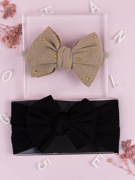 Girls Faux Suede Oversized Bow Headband & Headwrap Set- Nude & Black