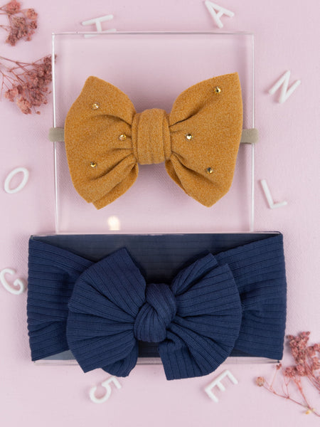 Girls Faux Suede Oversized Bow Headband & Headwrap Set- Orange & Dark Blue