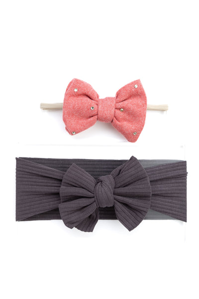 Girls Faux Suede Oversized Bow Headband & Headwrap Set- Pink & Gray