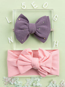 Girls Faux Suede Oversized Bow Headband & Headwrap Set- Purple & Light Pink