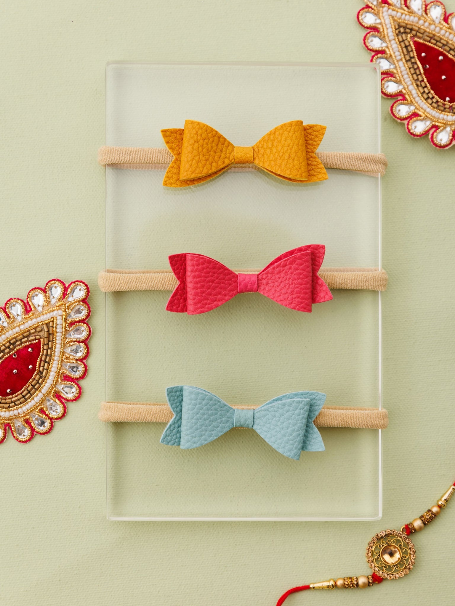 Set of 3 Leather Bow Nylon Headbands - Mustard, Dark Pink, Blue