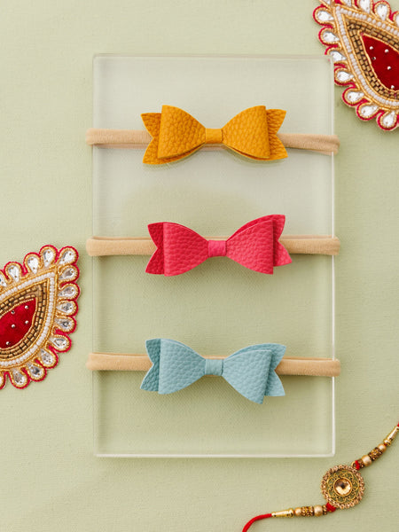 Set of 3 Leather Bow Nylon Headbands - Mustard, Dark Pink, Blue