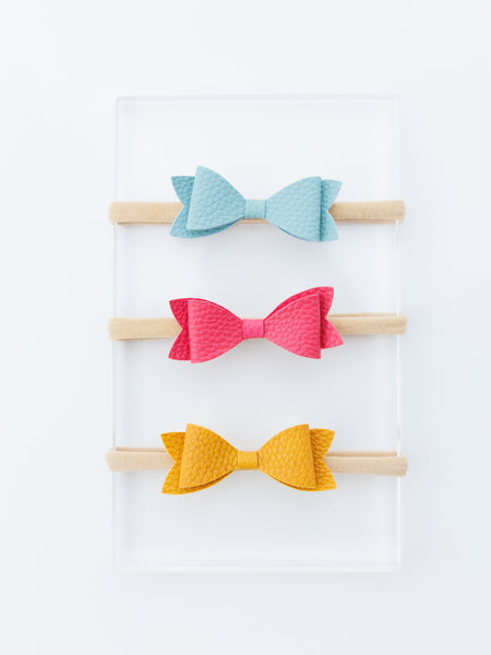 Set of 3 Leather Bow Nylon Headbands - Mustard, Dark Pink, Blue