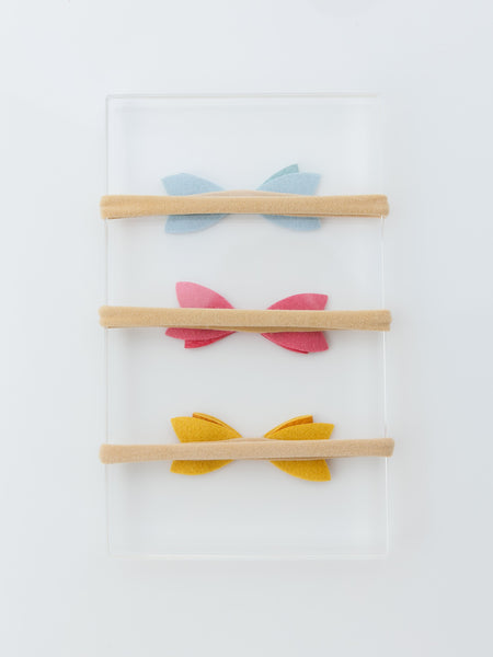 Set of 3 Leather Bow Nylon Headbands - Mustard, Dark Pink, Blue