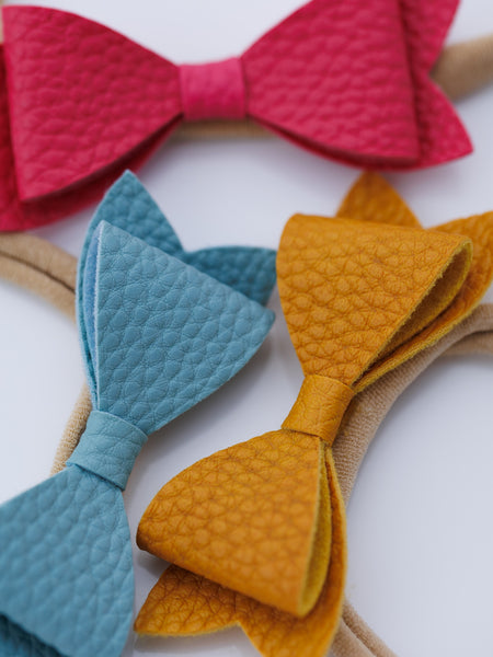 Set of 3 Leather Bow Nylon Headbands - Mustard, Dark Pink, Blue