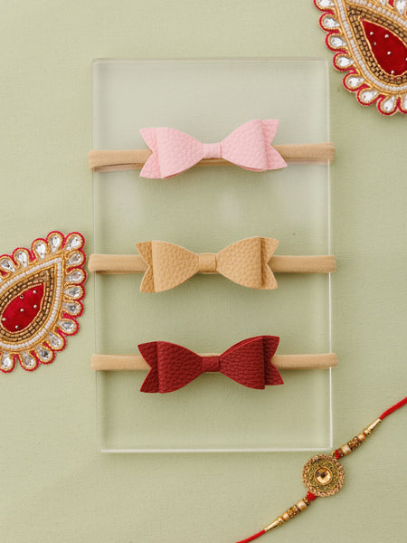 Set of 3 Leather Bow Nylon Headbands - Pink, Cream, Maroon