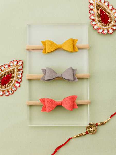 Set of 3 Leather Bow Nylon Headbands - Yellow, Grey, Peach