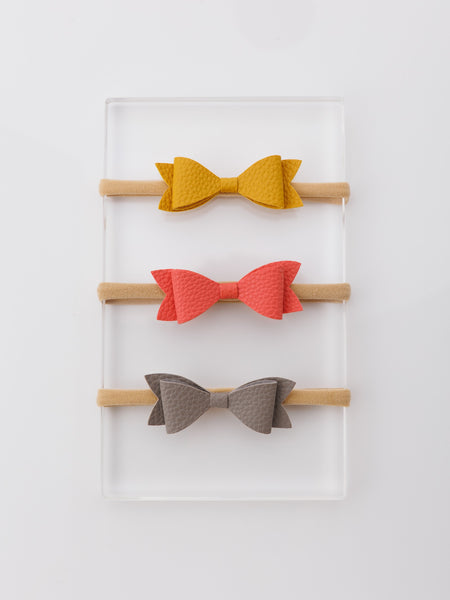 Set of 3 Leather Bow Nylon Headbands - Yellow, Grey, Peach