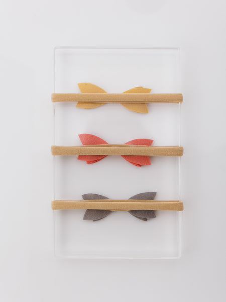 Set of 3 Leather Bow Nylon Headbands - Yellow, Grey, Peach