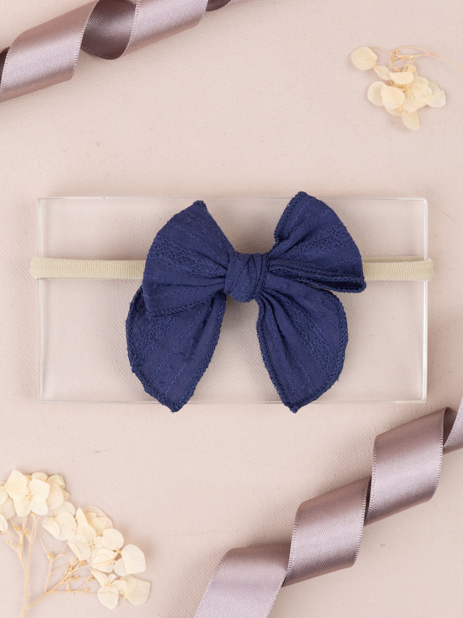 Girls Cotton Ribbed Knot Bow Headband- Blue