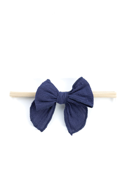 Girls Cotton Ribbed Knot Bow Headband- Blue