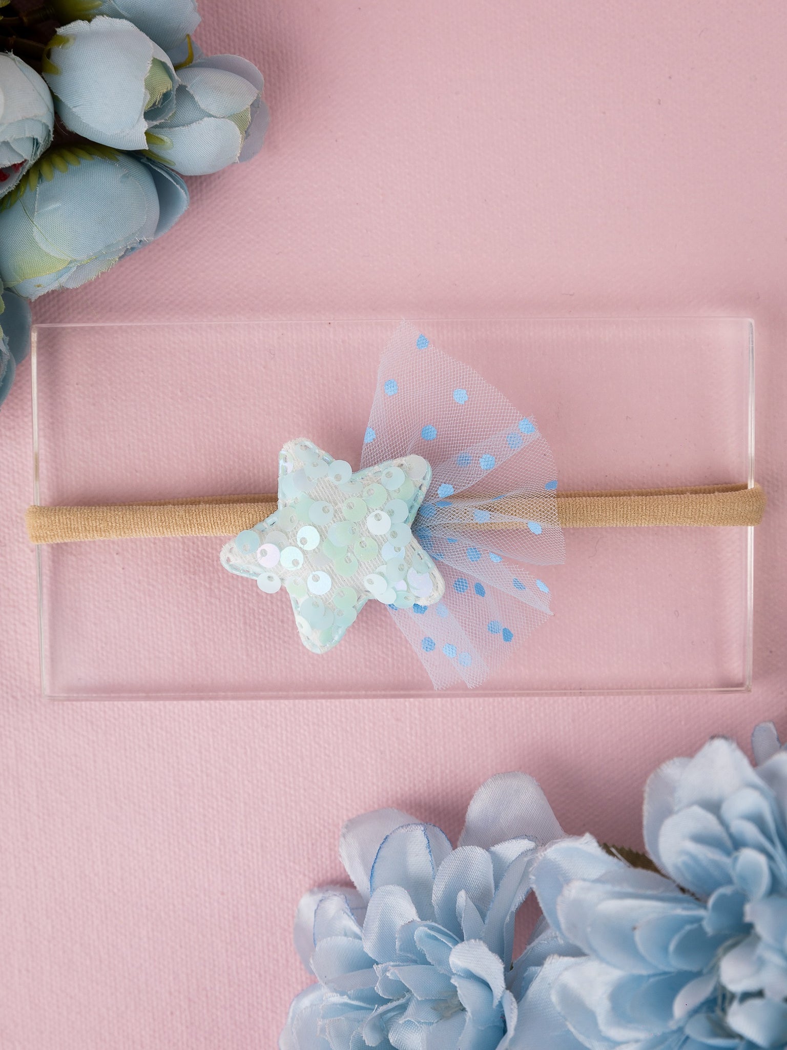 Sequined Embellished Tulle Star Kids Headband- Light Blue