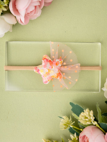 Sequined Embellished Tulle Star Kids Headband- Orange