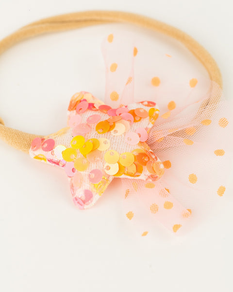 Sequined Embellished Tulle Star Kids Headband- Orange