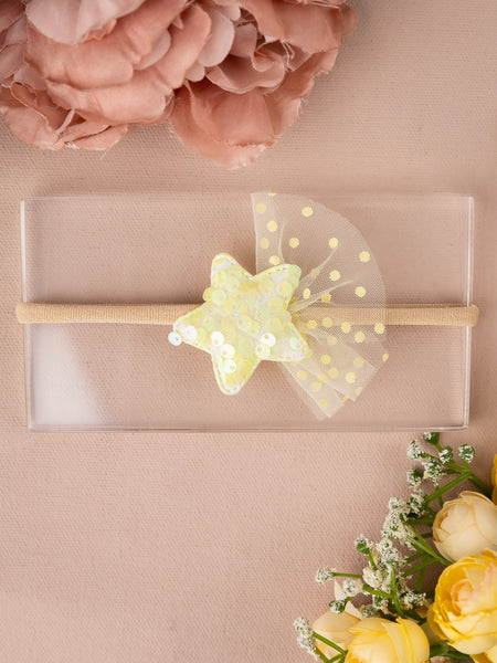Sequined Embellished Tulle Star Kids Headband- Yellow