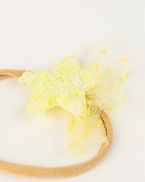 Sequined Embellished Tulle Star Kids Headband- Yellow