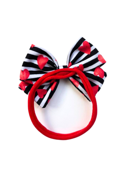 Stripe and Hearts Bow Headband- Red