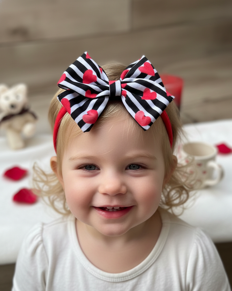 Stripe and Hearts Bow Headband- Red