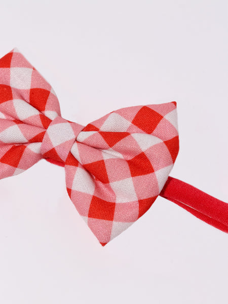 Kids Checked Bow Headband- Red & White