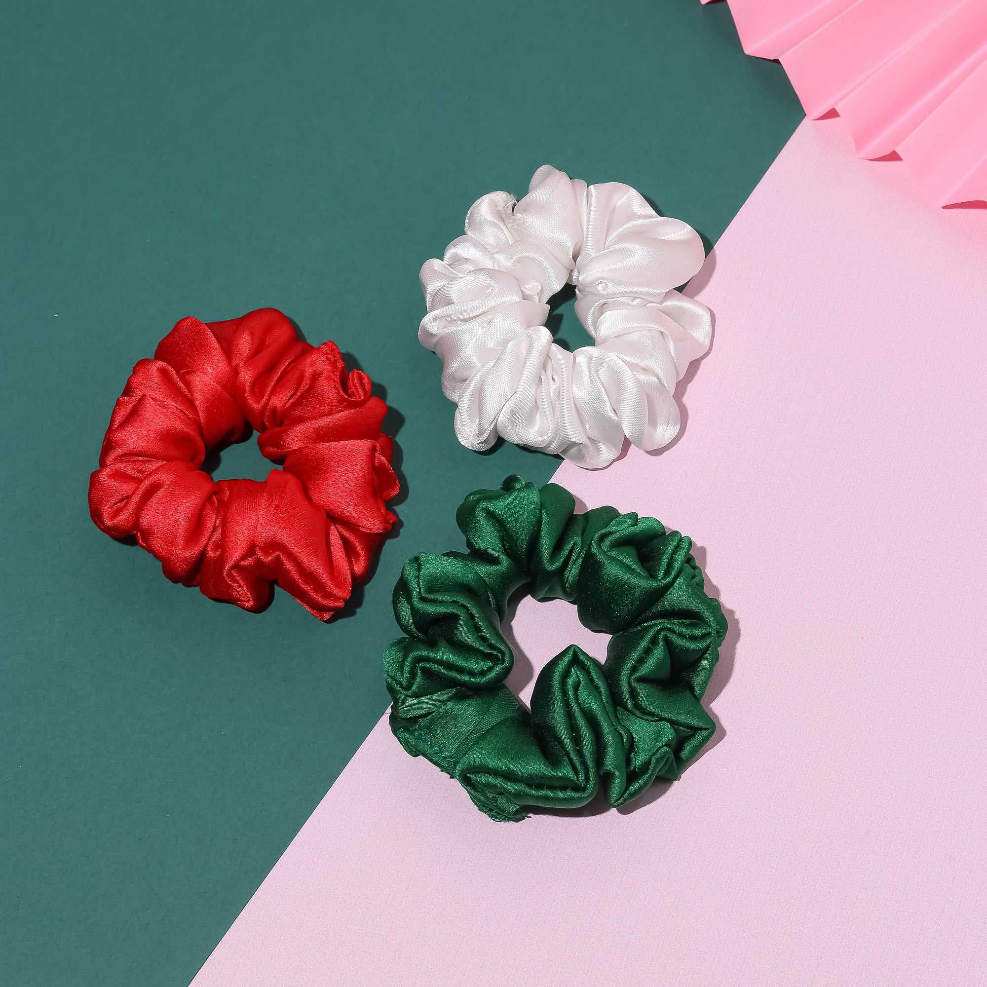 Satin Silk Scrunchies Set - Red, Green & White