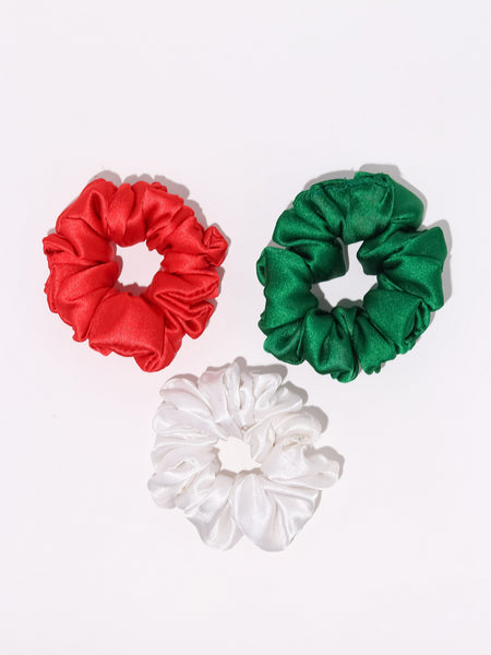 Satin Silk Scrunchies Set - Red, Green & White