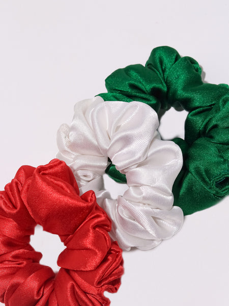 Satin Silk Scrunchies Set - Red, Green & White