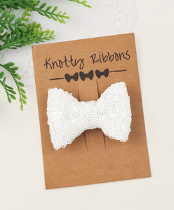 Sequin Party Bow Alligator Clip - White