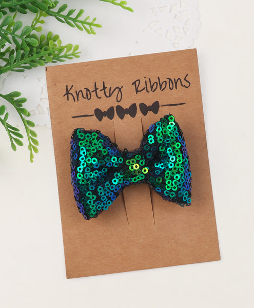 Sequin Party Bow Alligator Clip - Peacock