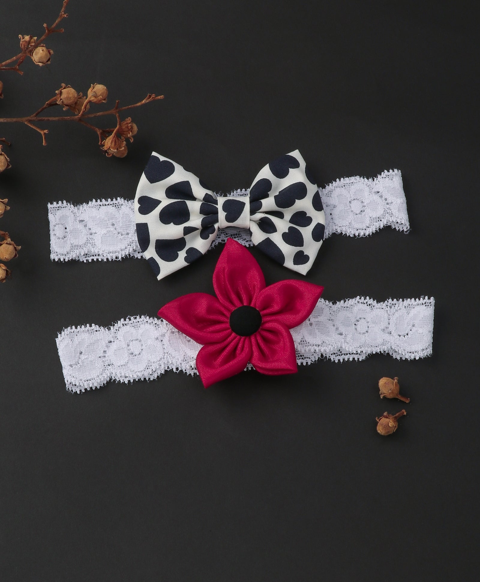 Flower & Heart Bow Hairband Set - Black & Red