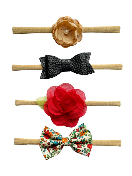 Flower & Floral Bow Headband Set- Brown, Black & Red