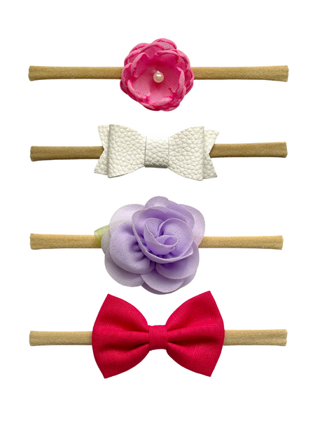 Flower & Bow Headband Set- Pink, Silver & Lavender