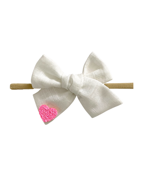 Heart Applique Knot Bow Headband - White