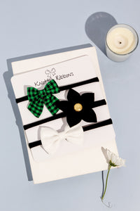 Flower & Bow Headband Set - Green, Black & White